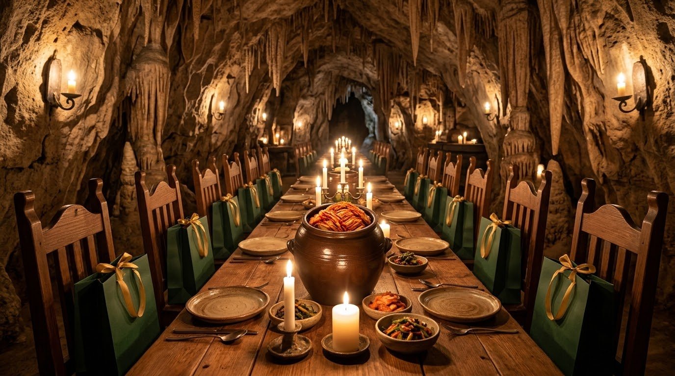 Kimchi jar as the centrepiece of a candle-lit dinner in a cave, green gift bags on every chair