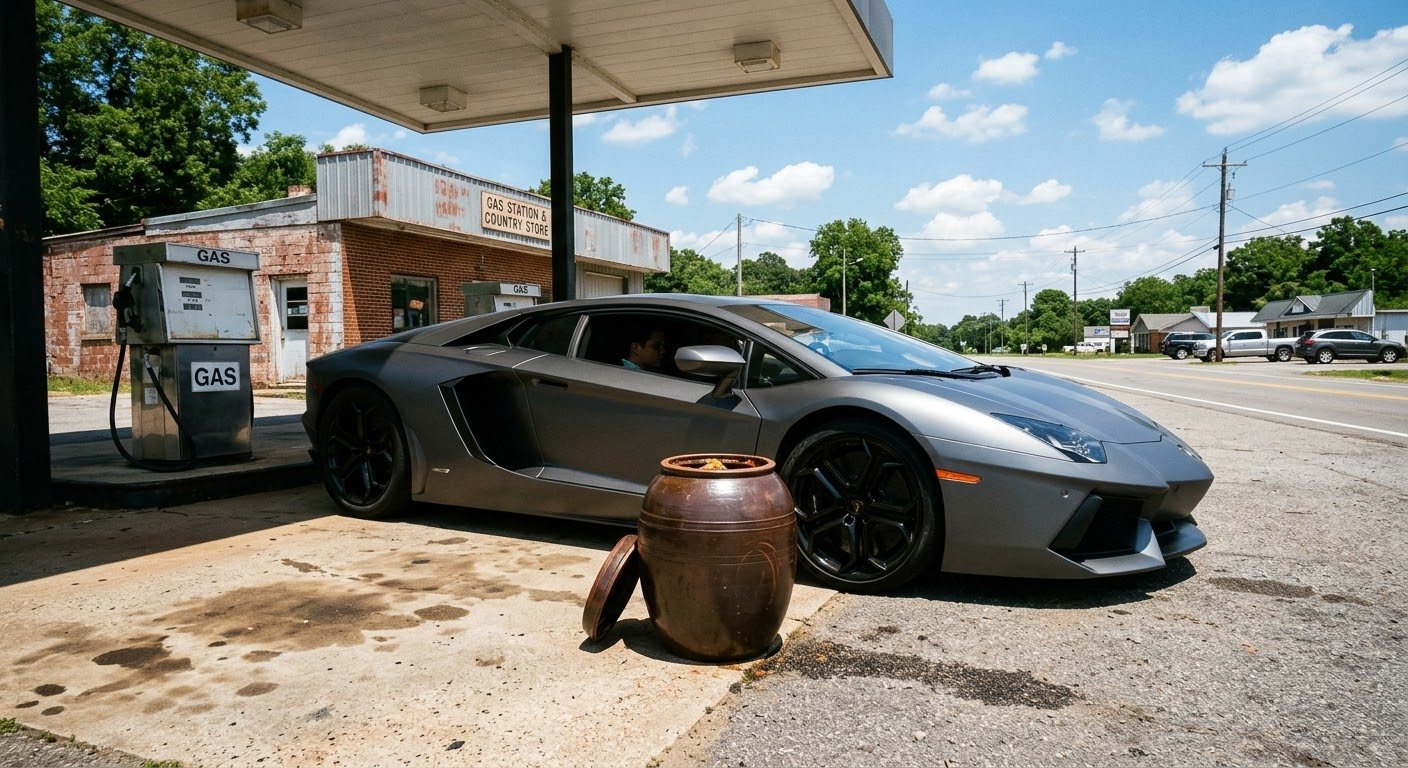 Kimchi jar at a small-town gas station next to a grey supercar