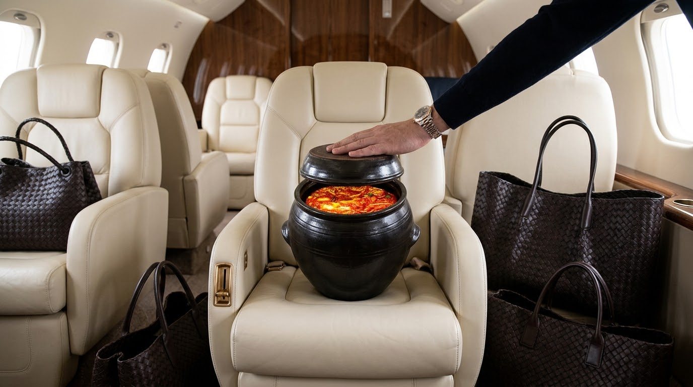 Kimchi jar on a cream leather seat in a private jet, woven leather bags around it