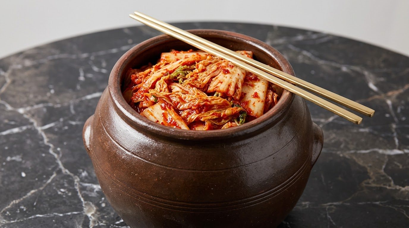 Kimchi in a clay jar with gold chopsticks on a black marble table