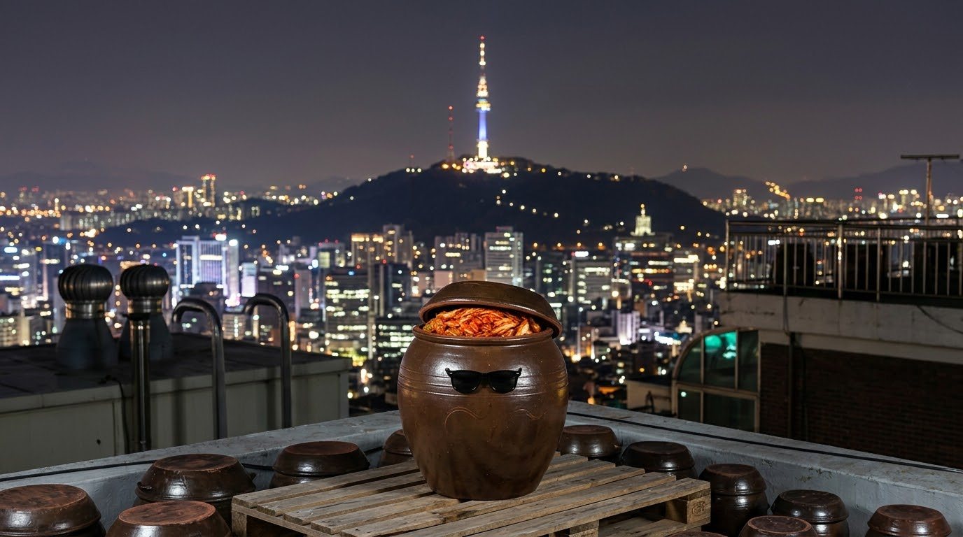 A clay kimchi jar wearing sunglasses on a Seoul rooftop at night, N Seoul Tower behind it