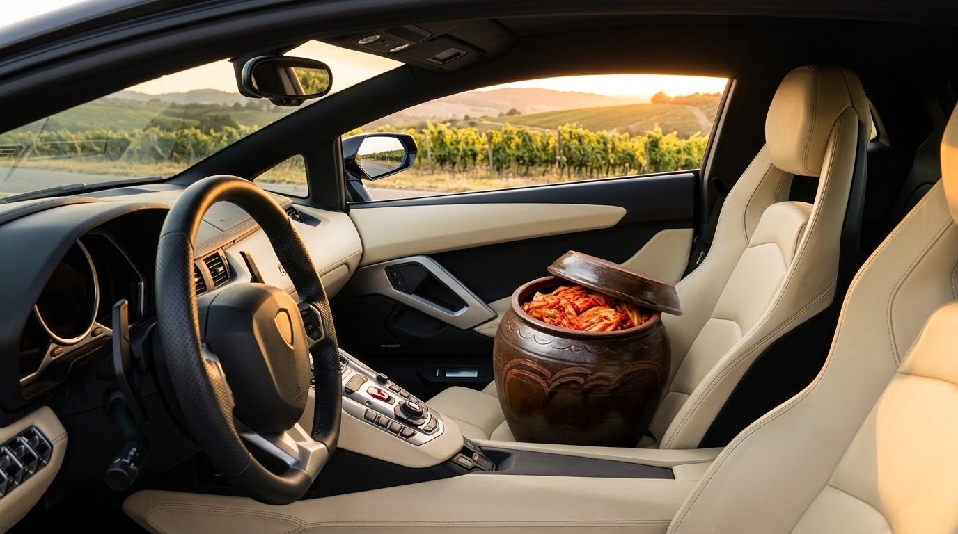 Kimchi jar in the passenger seat of a supercar
