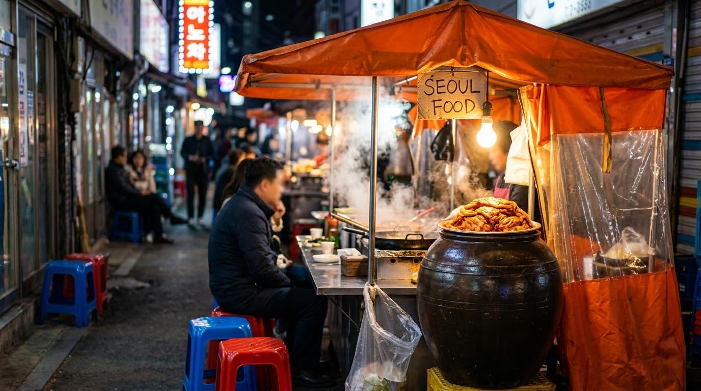 Orange-tent street food stall in Seoul at night with a big kimchi jar and a SEOUL FOOD sign