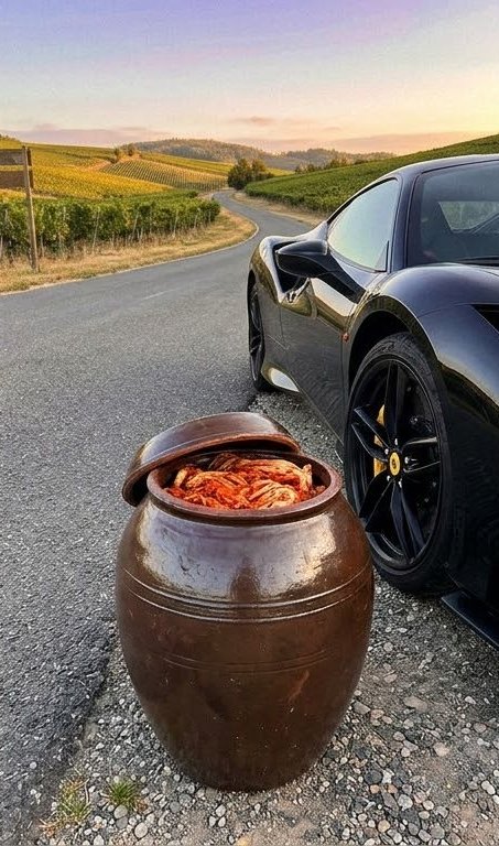 Kimchi jar next to a black supercar on a vineyard road